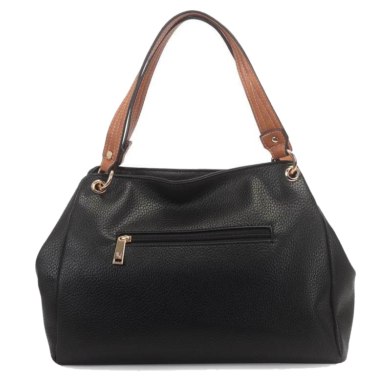 Bolsa estruturada WJ feminina preta vista lateral com alças ajustáveis e detalhes dourados